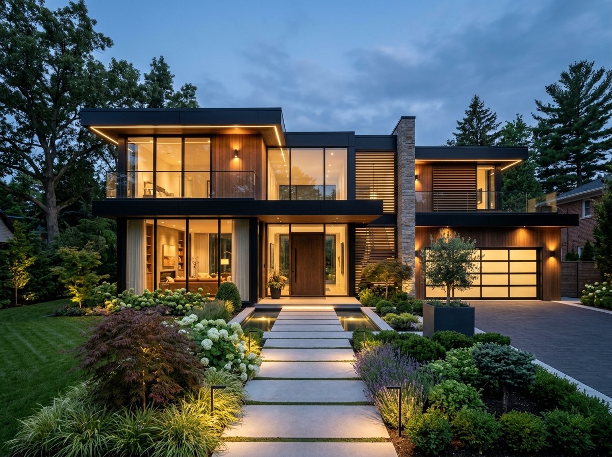 Modern architectural residence representing real estate services